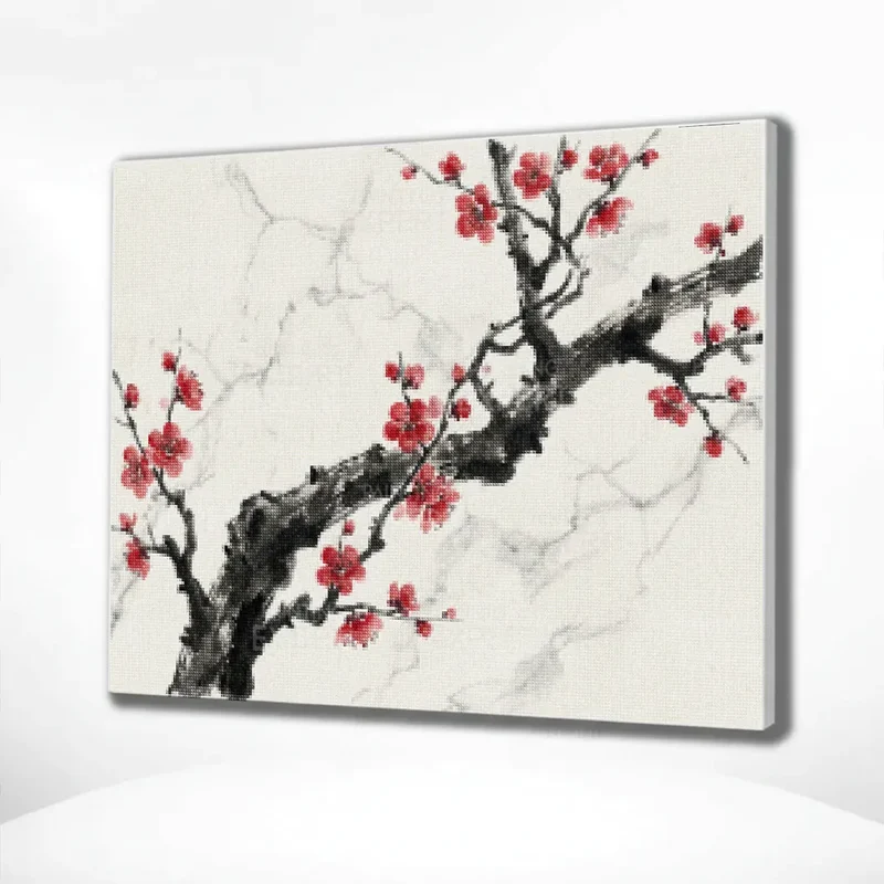 Diamond Painting Tintenzweig mit roter Blüte Japan