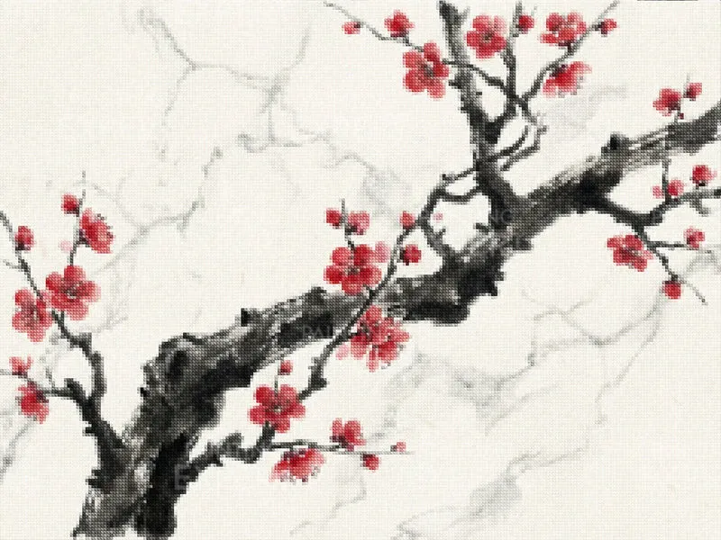 Diamond Painting Tintenzweig mit roter Blüte Japan