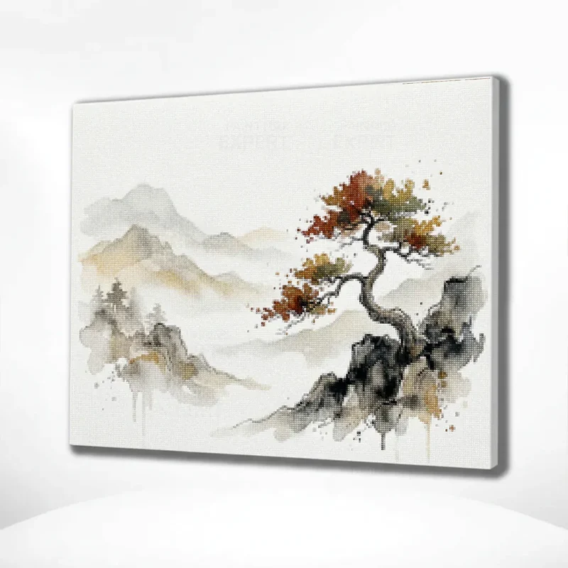 Diamond Painting Einsamer Baum in einer Berglandschaft Japan