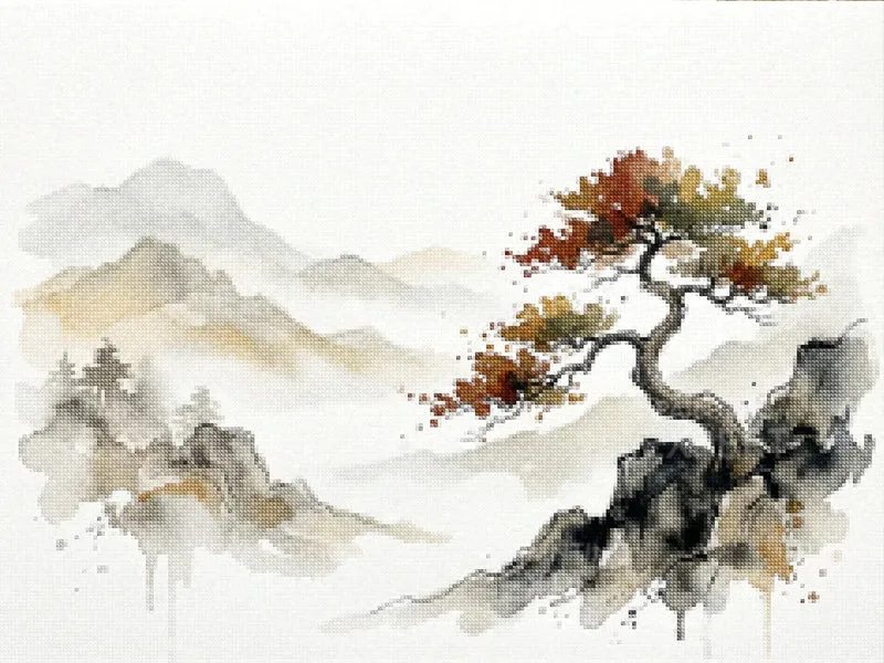 Diamond Painting Einsamer Baum in einer Berglandschaft Japan