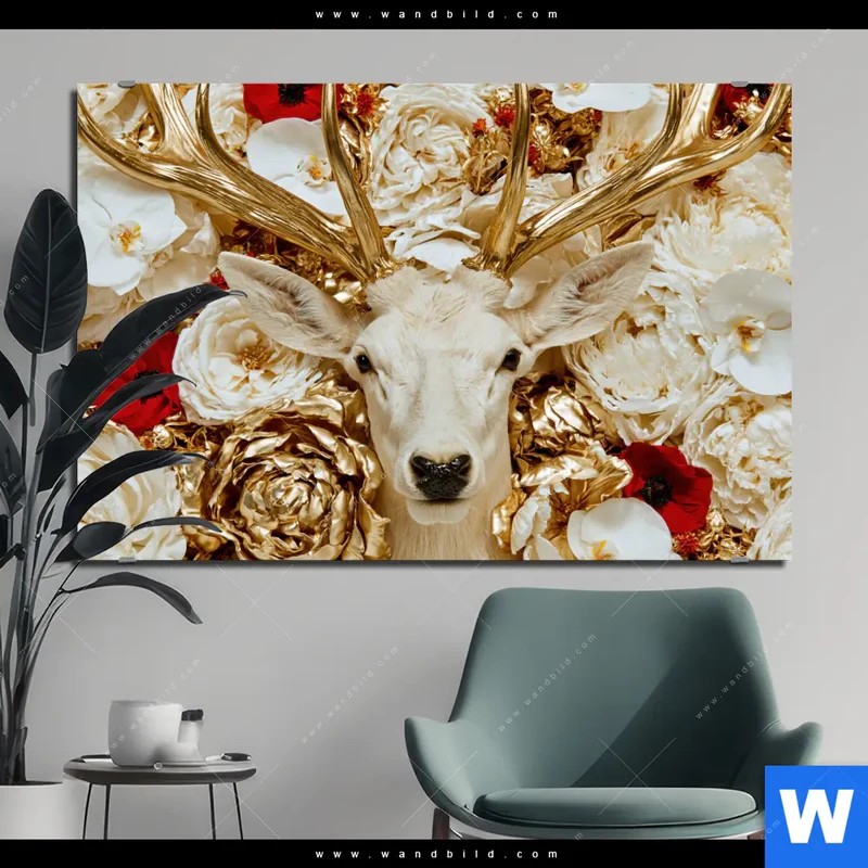 Aluminiumbild gebürstet | Weißer Hirsch zwischen Rosen | Querformat