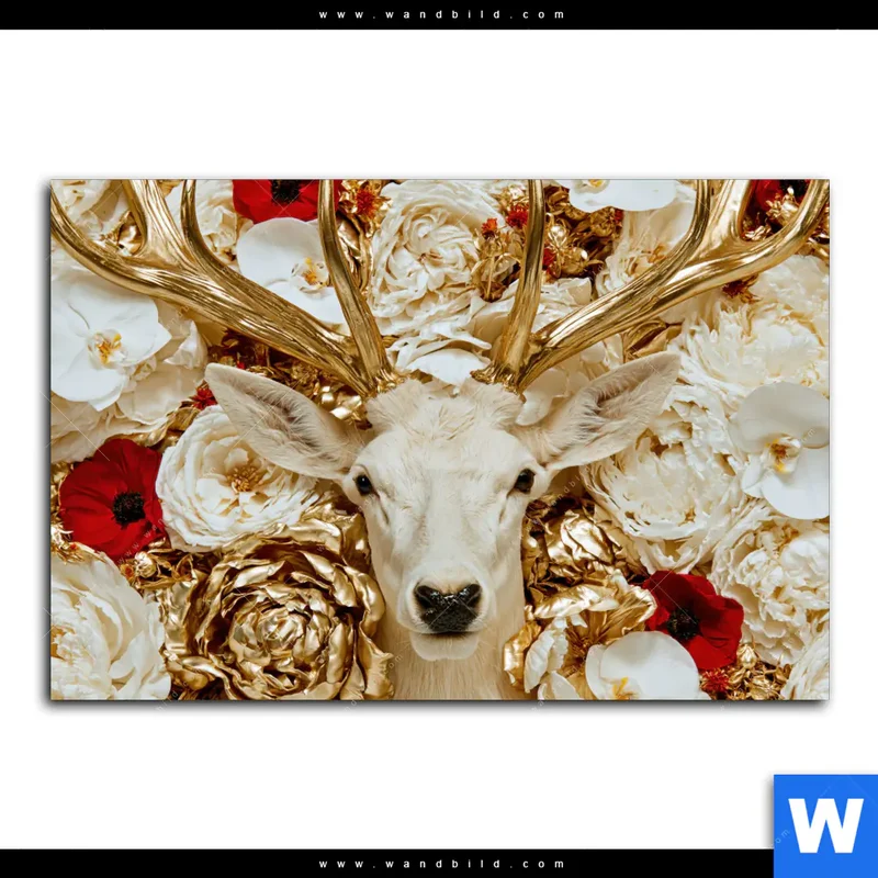 Aluminiumbild gebürstet | Weißer Hirsch zwischen Rosen | Querformat