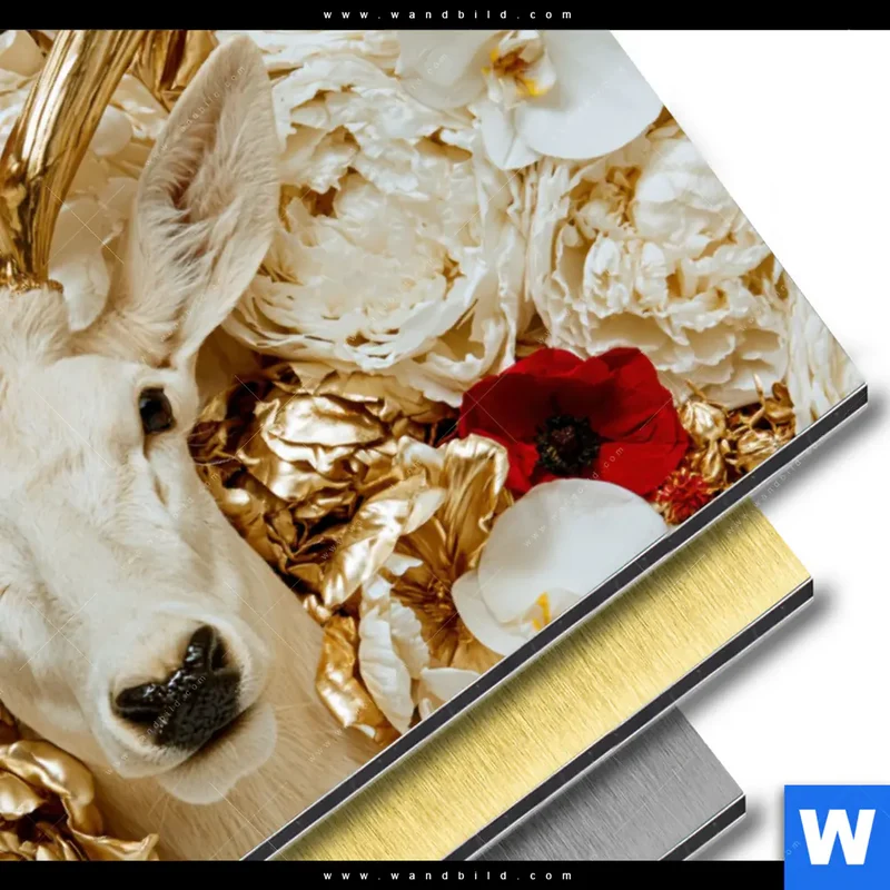 Aluminiumbild gebürstet | Weißer Hirsch zwischen Rosen | Querformat