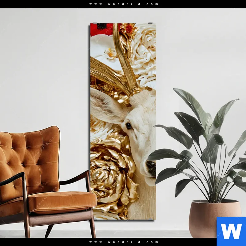 Alu-Dibond Bild | Weißer Hirsch zwischen Rosen | Schmal