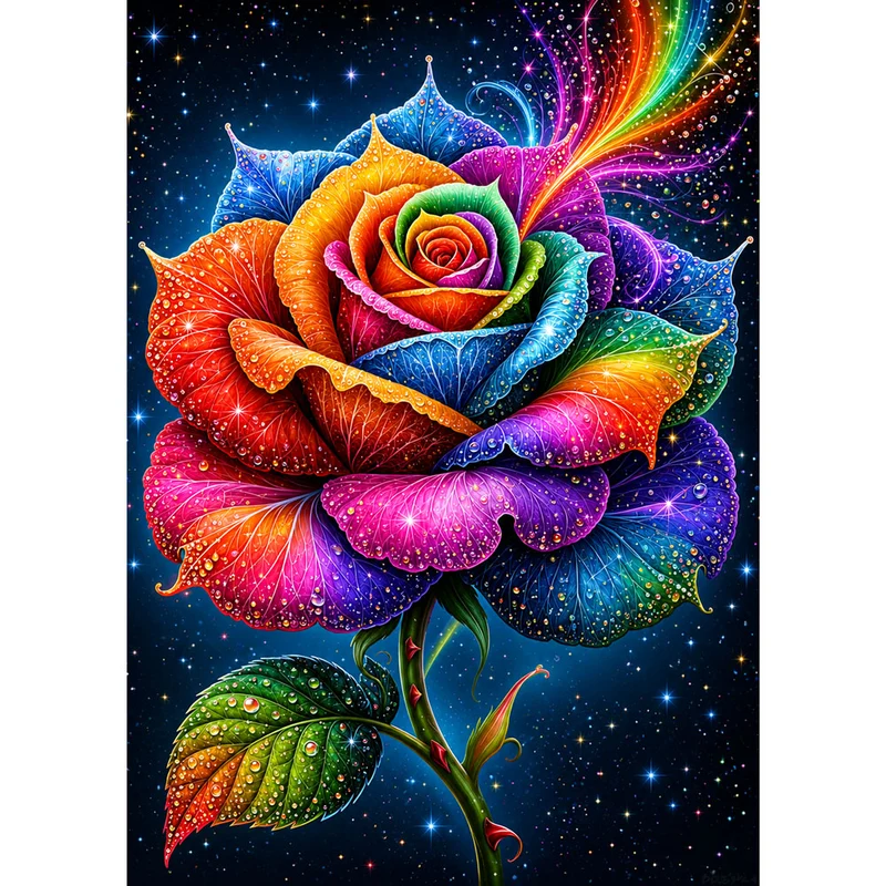 5D Diamond Painting – Regenbogenrose im Sternenfunkeln