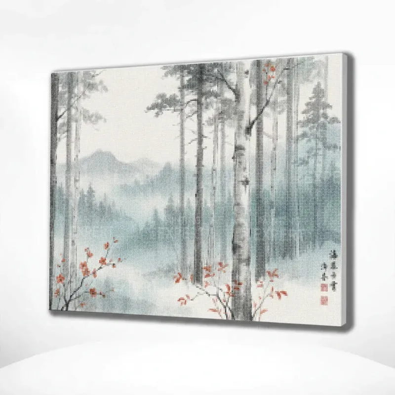 Diamond Painting Birkenwald im Nebel mit roten Akzenten Japan