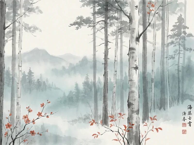 Diamond Painting Birkenwald im Nebel mit roten Akzenten Japan