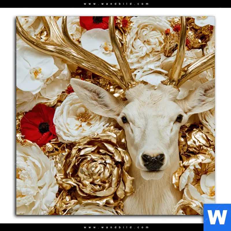 Alu-Dibond Bild | Weißer Hirsch zwischen Rosen | Quadrat
