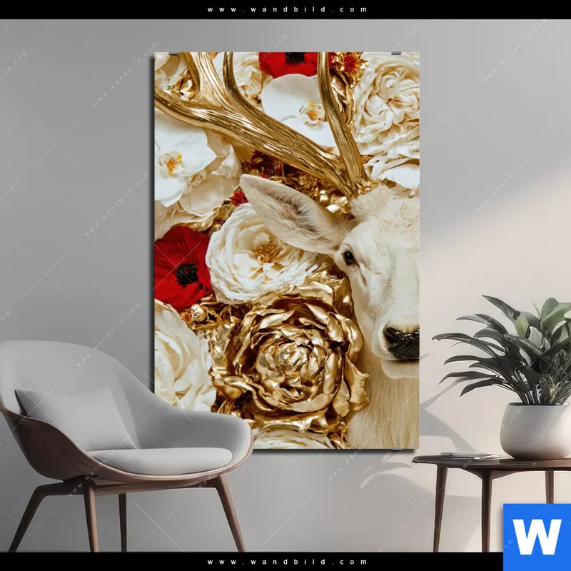 Alu-Dibond Bild | Weißer Hirsch zwischen Rosen | Hochformat
