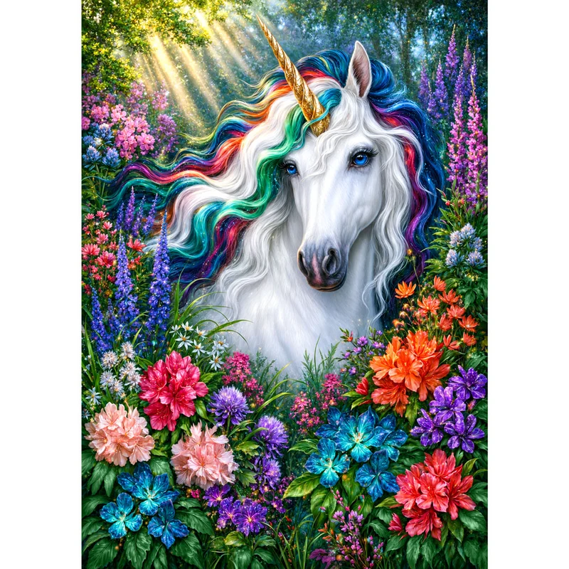 5D Diamond Painting – Magisches Einhorn im Blütenzauber