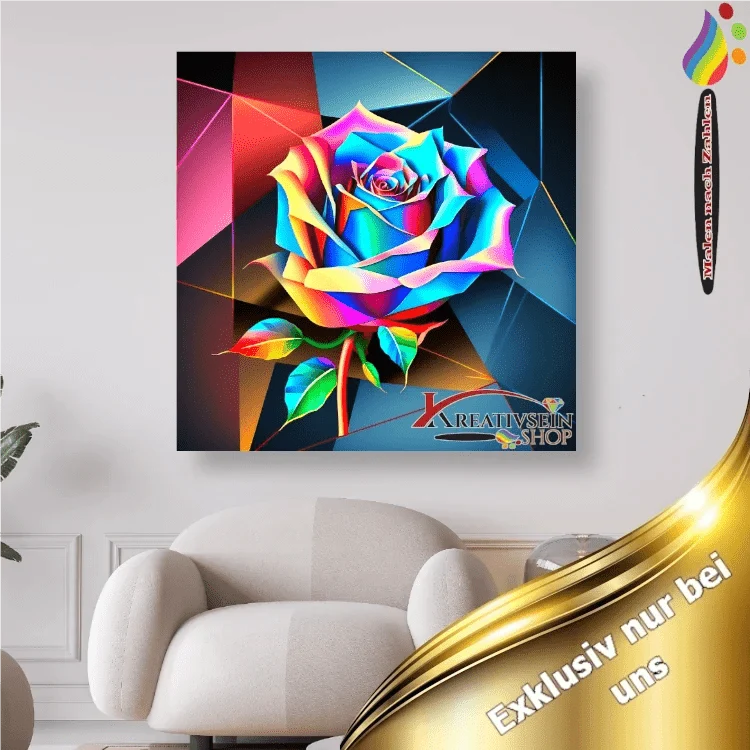 Bunte Rose auf geometrischem Hintergrund - Malen nach Zahlen