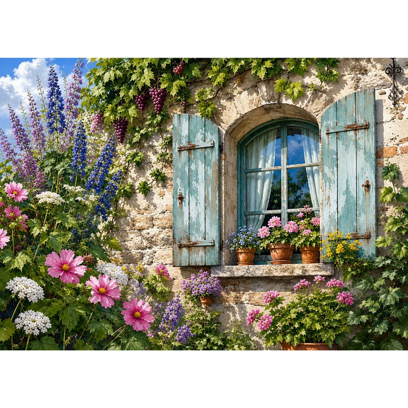 5D Diamond Painting – Landhausfenster voller Blütenzauber