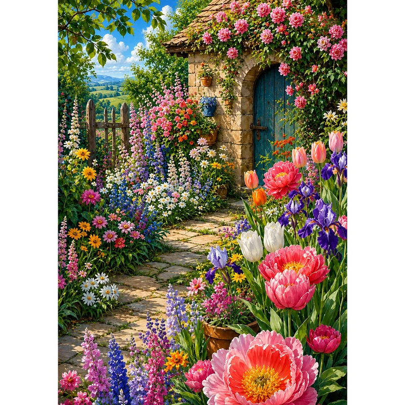 5D Diamond Painting – Blütenzauber am Gartenhaus