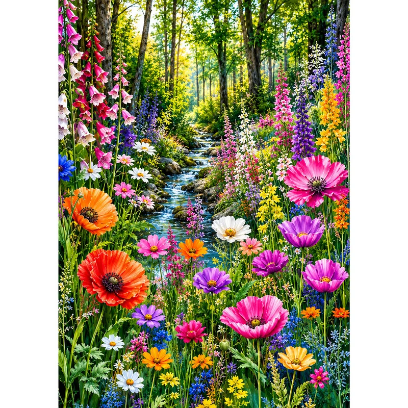 5D Diamond Painting – Blütenbach im Frühlingswald