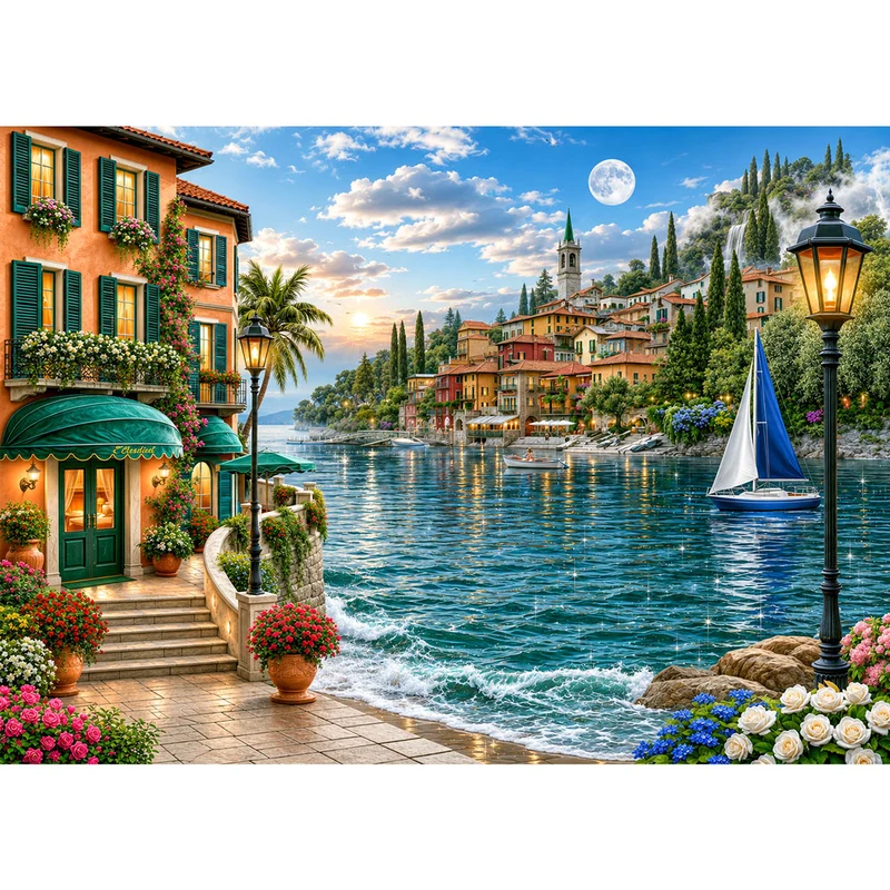 5D Diamond Painting – Romantischer Seehafen im Abendlicht