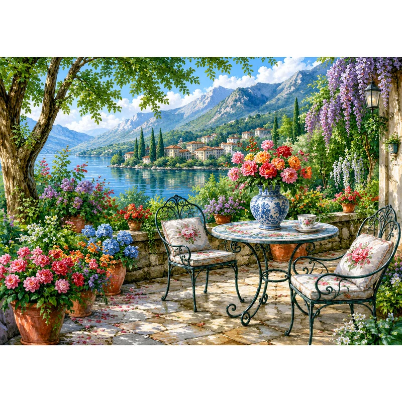 5D Diamond Painting – Blütenterrasse am Bergsee