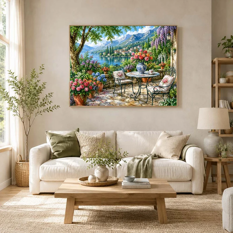 5D Diamond Painting – Blütenterrasse am Bergsee