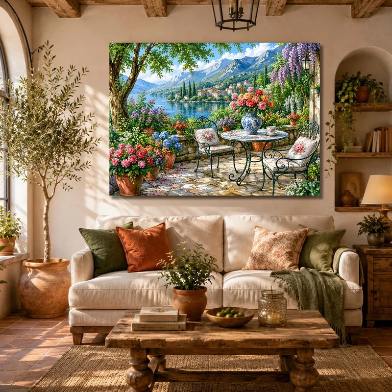 5D Diamond Painting – Blütenterrasse am Bergsee
