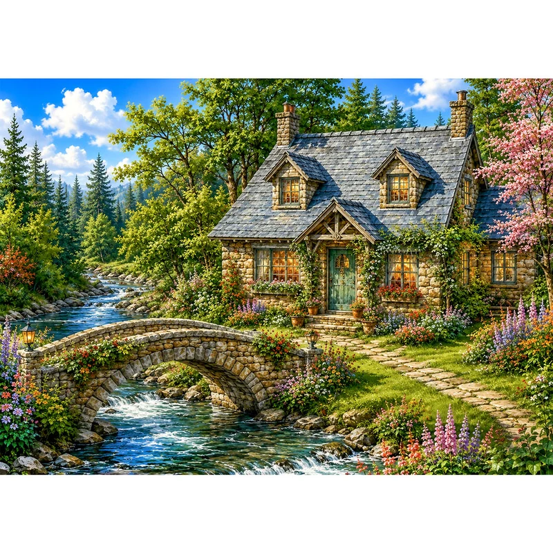 5D Diamond Painting – Romantisches Landhaus am Fluss