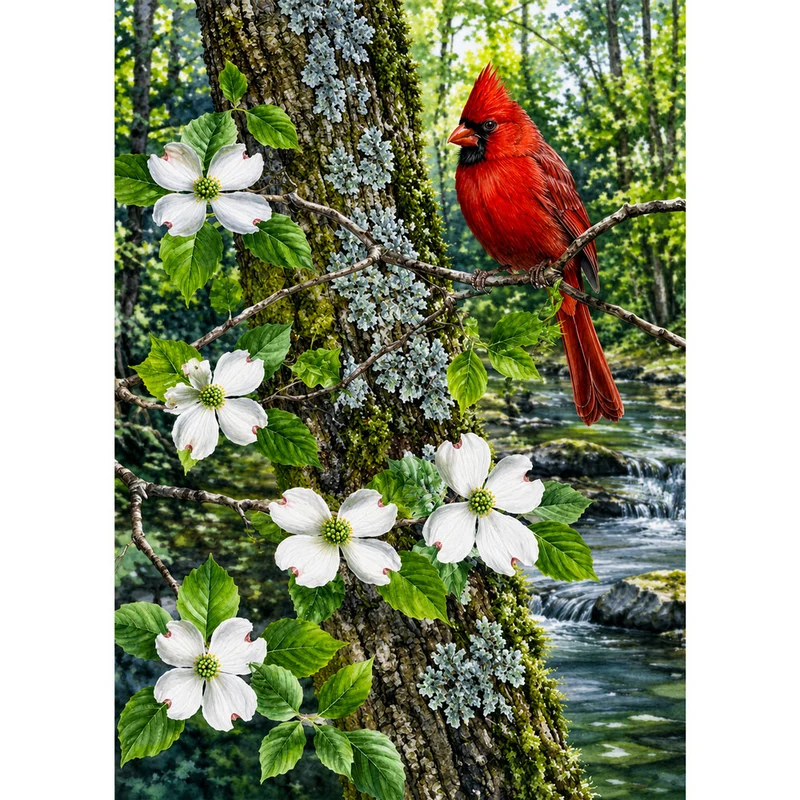 5D Diamond Painting – Kardinal im Blütenwald