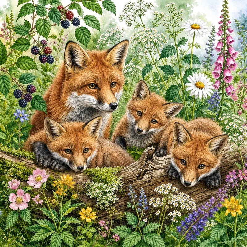 5D Diamond Painting – Fuchsfamilie im Blütenhain