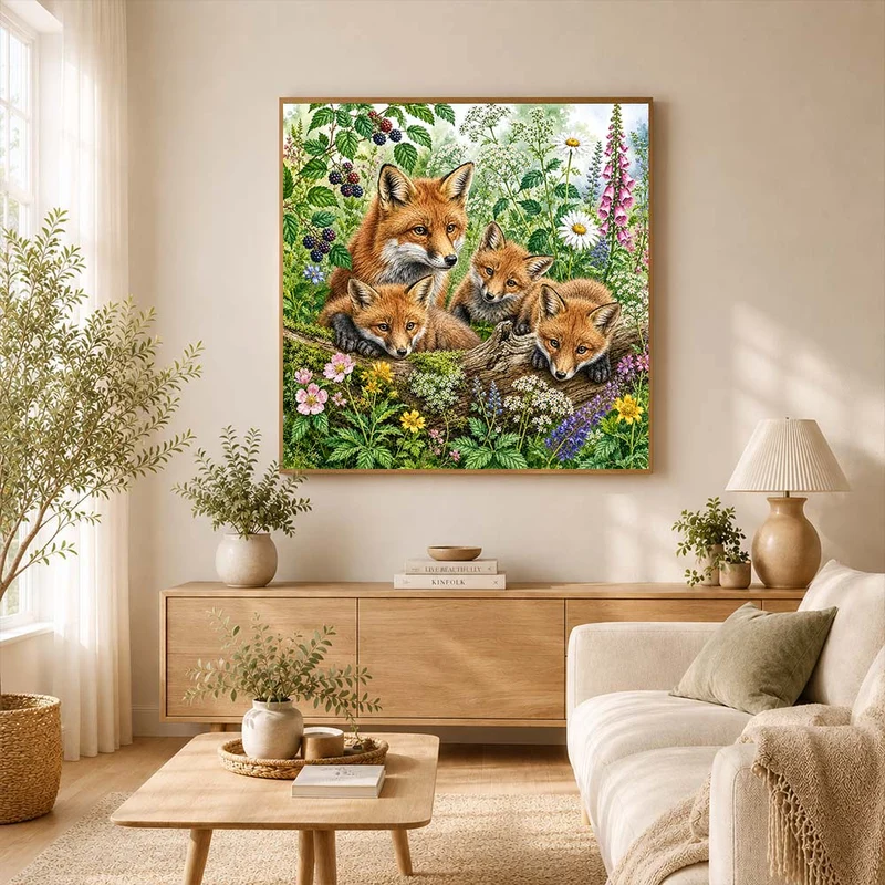 5D Diamond Painting – Fuchsfamilie im Blütenhain