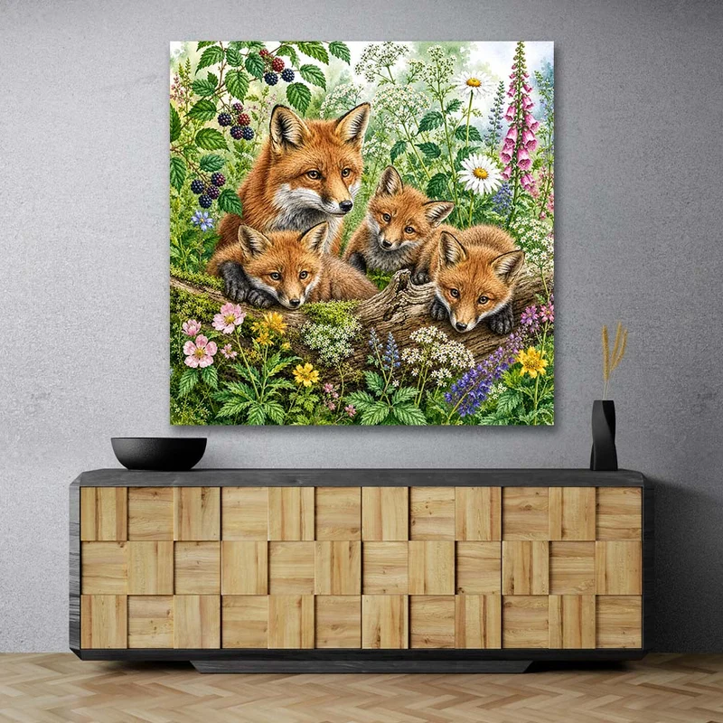 5D Diamond Painting – Fuchsfamilie im Blütenhain