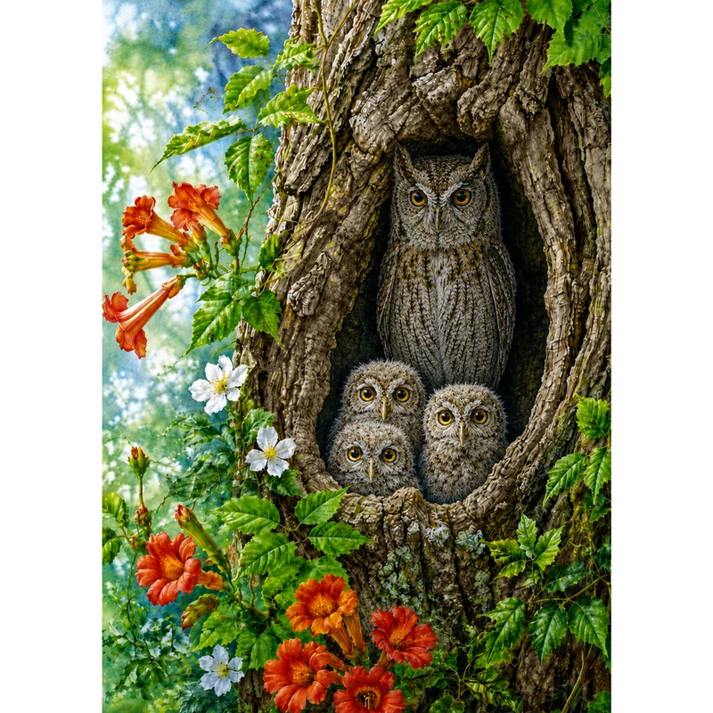 5D Diamond Painting – Eulenfamilie im Baumversteck