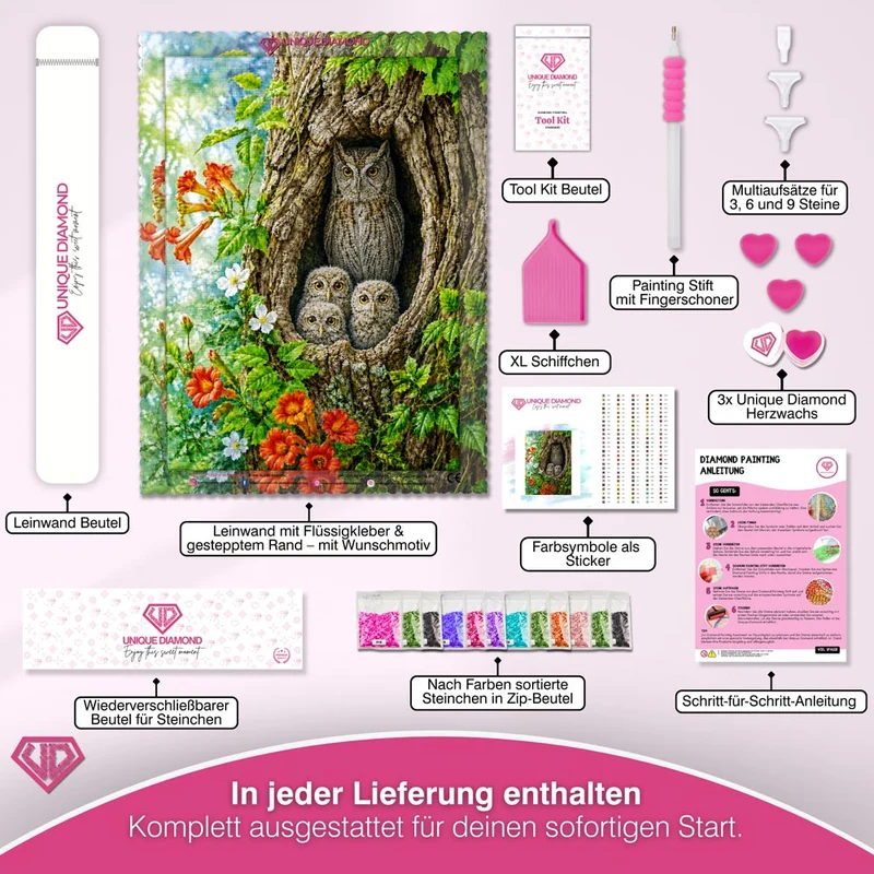 5D Diamond Painting – Eulenfamilie im Baumversteck