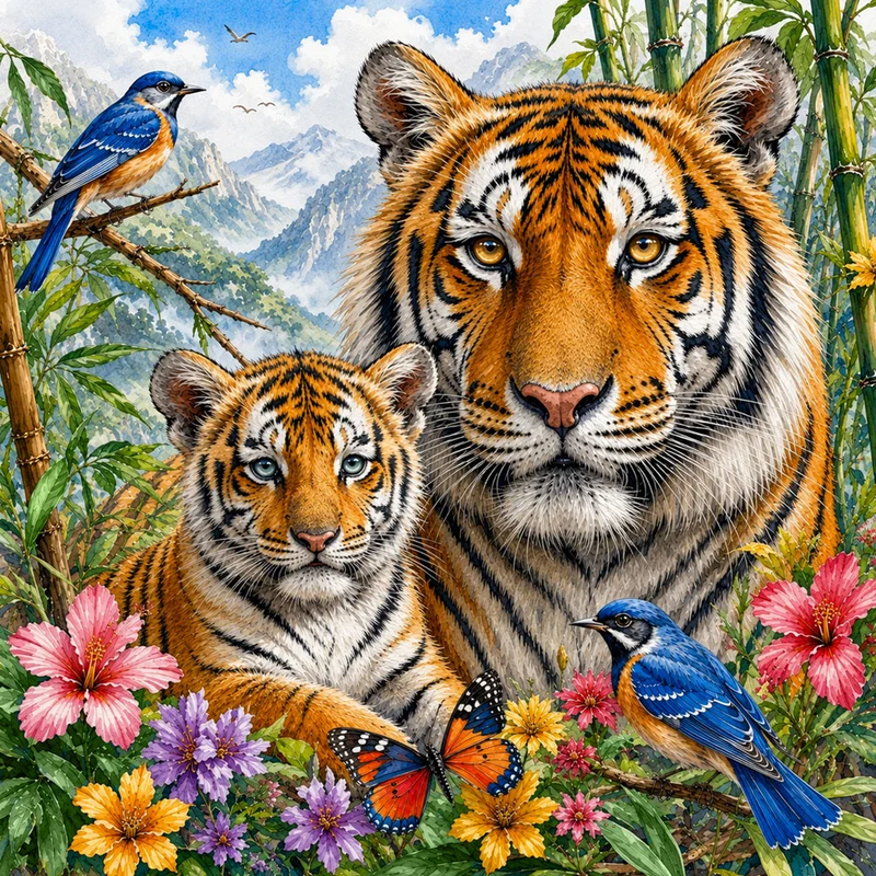 5D Diamond Painting – Tigerfamilie im Blütenbambus