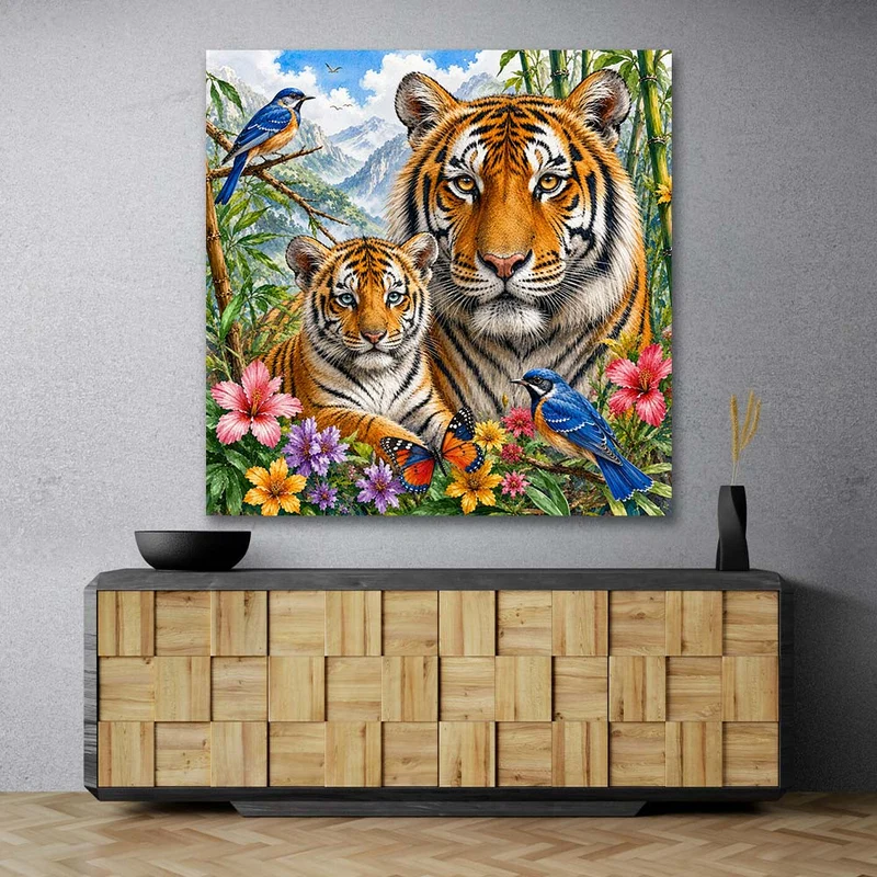 5D Diamond Painting – Tigerfamilie im Blütenbambus