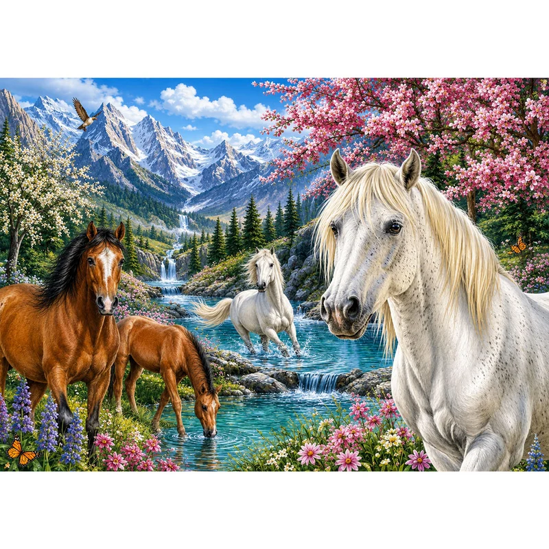 5D Diamond Painting – Pferdeparadies der Bergblüten