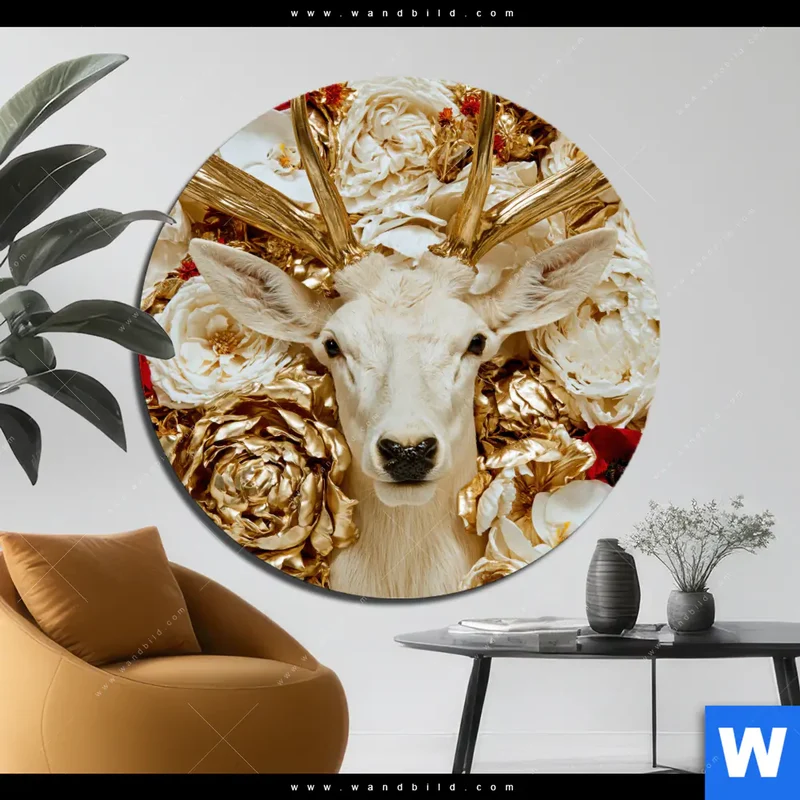 Alu-Dibond Bild | Weißer Hirsch zwischen Rosen | Rund