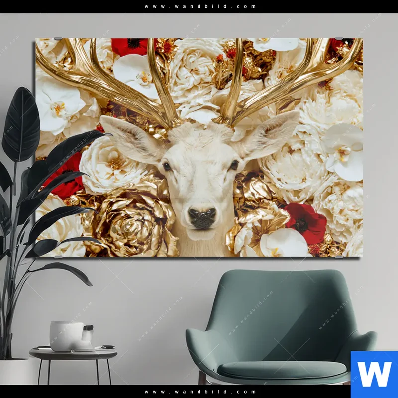Acrylglasbild | Weißer Hirsch zwischen Rosen | Querformat