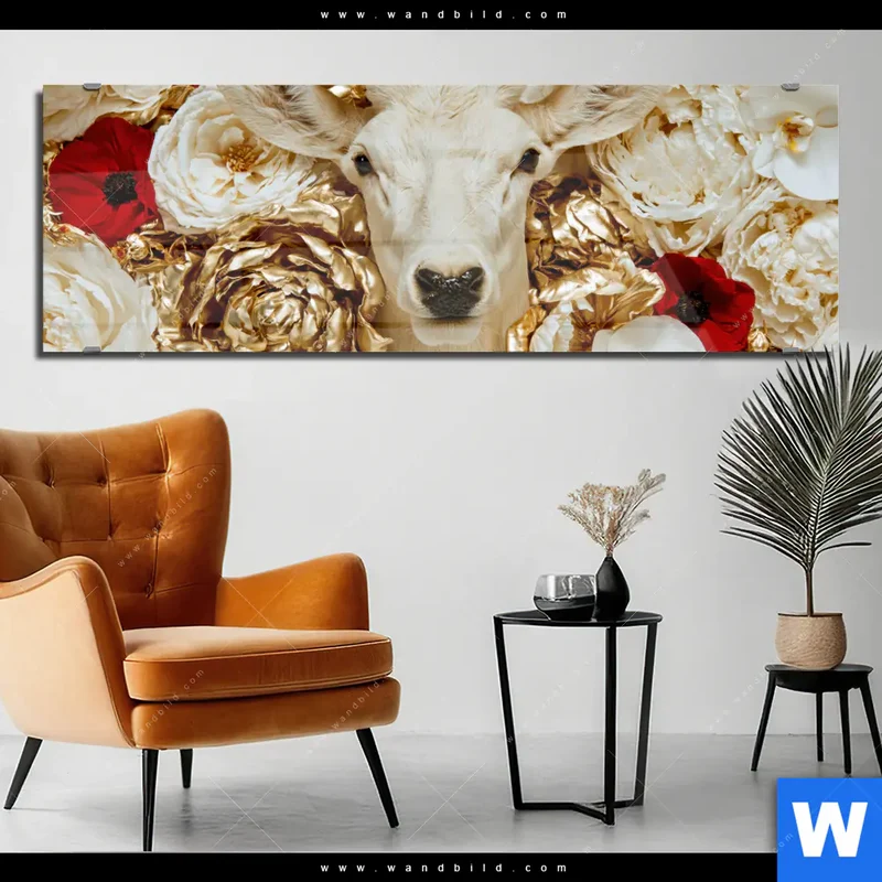 Acrylglasbild | Weißer Hirsch zwischen Rosen | Panorama