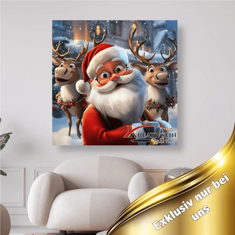 Weihnachtsmann mit 2 lachenden Rentieren - 5D DIY Diamond Painting