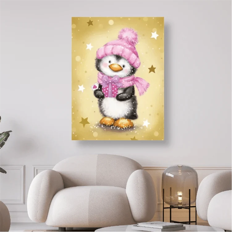 Pinguin mit Schal und Mütze in Pink - 5D DIY Diamond Painting