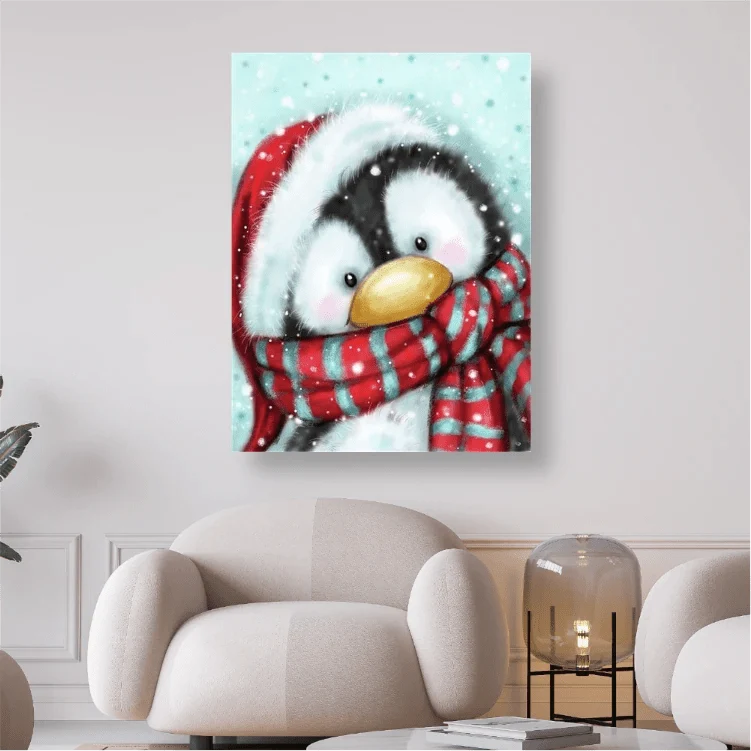 Pinguin mit rotem Schal - 5D DIY Diamond Painting