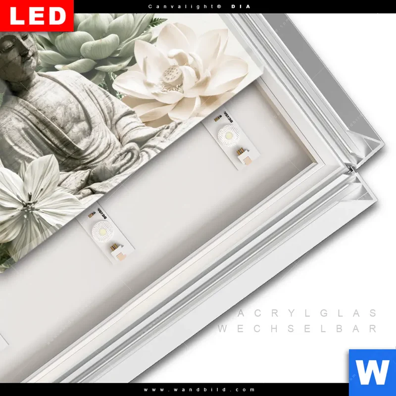 Leuchtbild Acrylglas Canvalight® DIA | Buddha zwischen Lotusblüten | Querformat