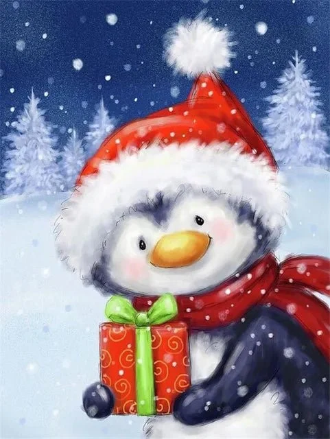 Pinguin mit Geschenk- 5D DIY Diamond Painting