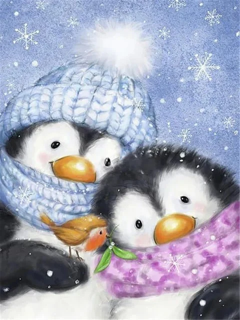 2 Pinguine mit Vogel - 5D DIY Diamond Painting