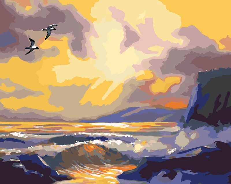 Diamond painting - VÖGEL, DIE IN DER DÄMMERUNG ÜBER DAS MEER FLIEGEN (D. RUSTY RUST)