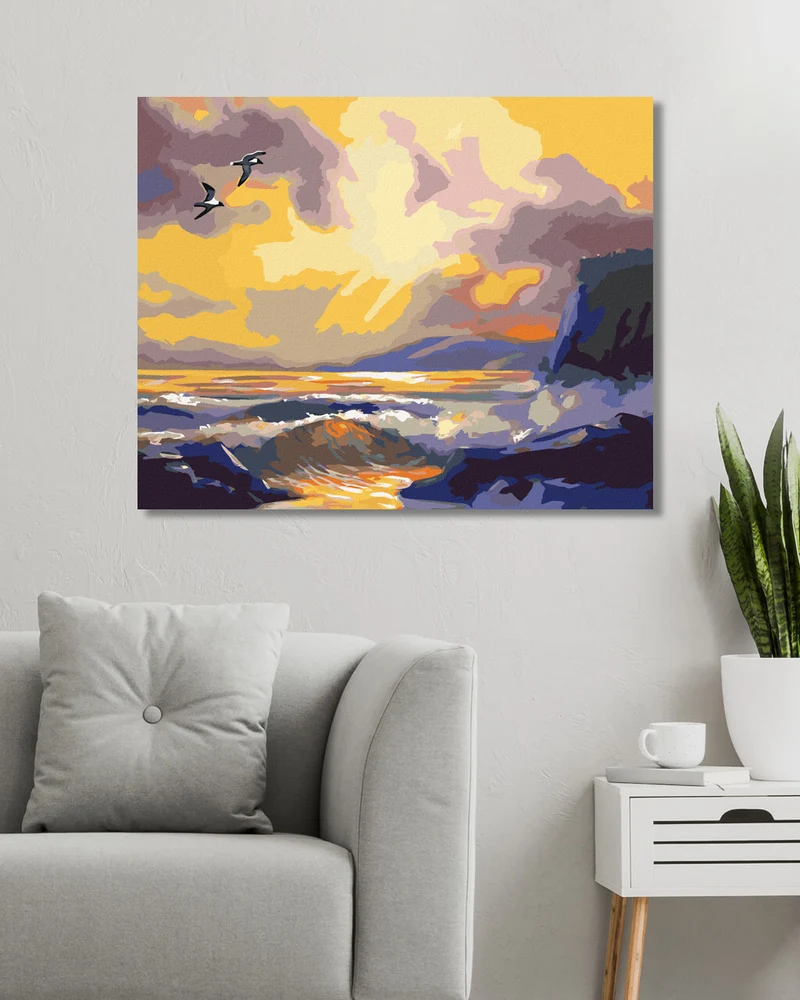 Diamond painting - VÖGEL, DIE IN DER DÄMMERUNG ÜBER DAS MEER FLIEGEN (D. RUSTY RUST)