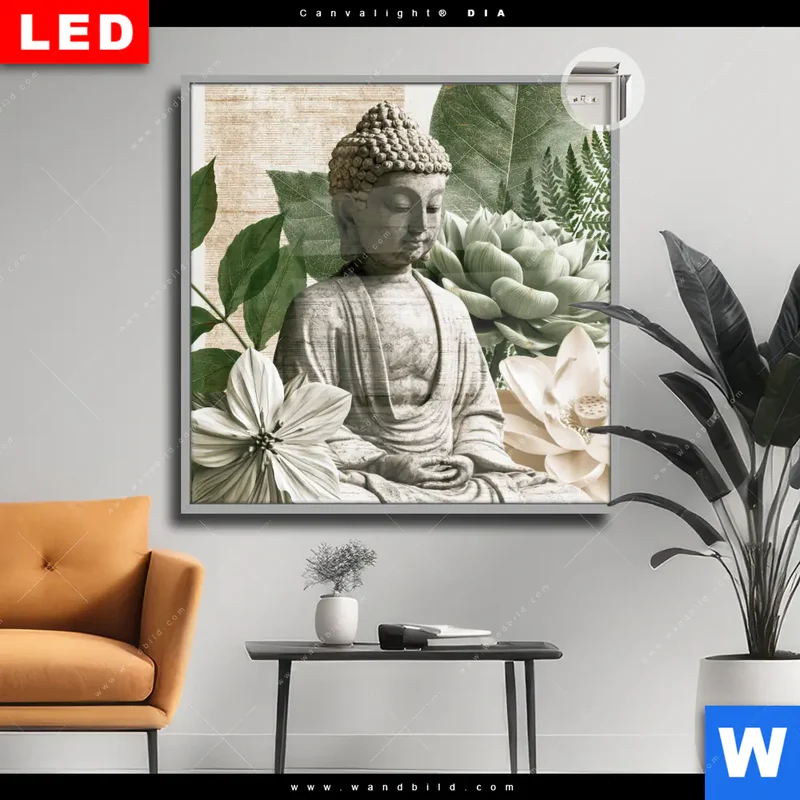 Leuchtbild Acrylglas Canvalight® DIA | Buddha zwischen Lotusblüten | Quadrat