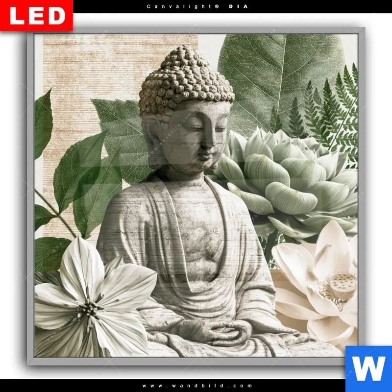Leuchtbild Acrylglas Canvalight® DIA | Buddha zwischen Lotusblüten | Quadrat