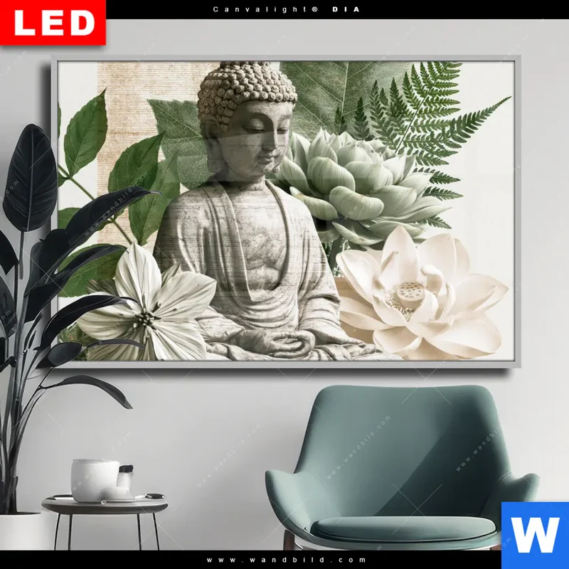 Wechselmotiv Acrylglas Canvalight® DIA | Buddha zwischen Lotusblüten | Querformat