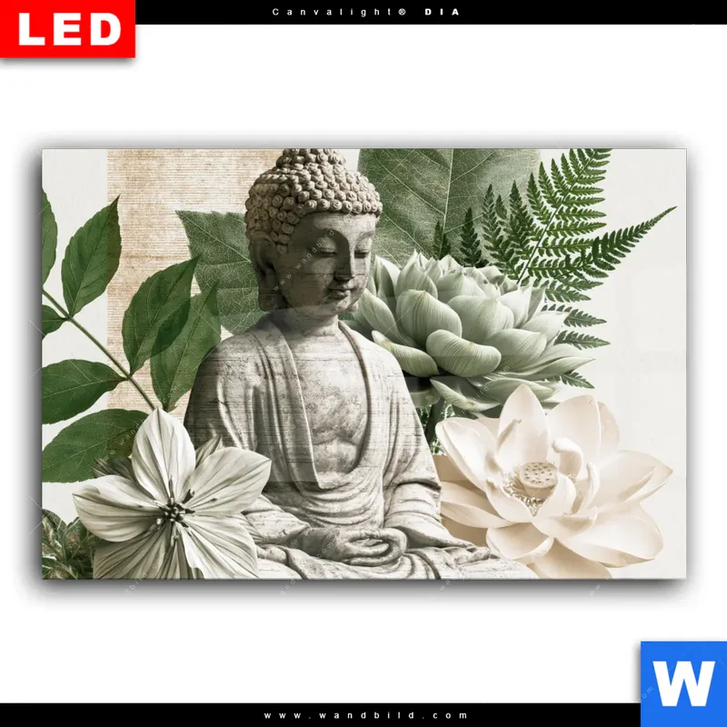 Wechselmotiv Acrylglas Canvalight® DIA | Buddha zwischen Lotusblüten | Querformat