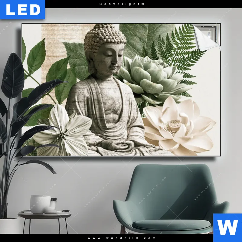 Canvalight® Leuchtbild | Buddha zwischen Lotusblüten | Querformat