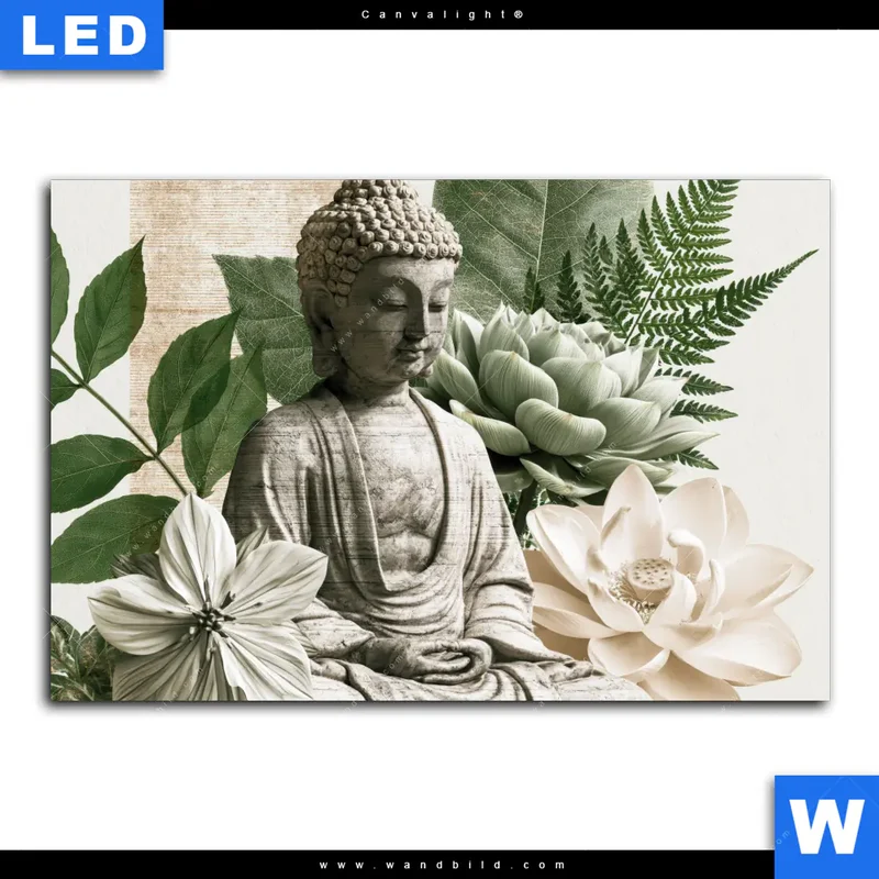Canvalight® Leuchtbild | Buddha zwischen Lotusblüten | Querformat