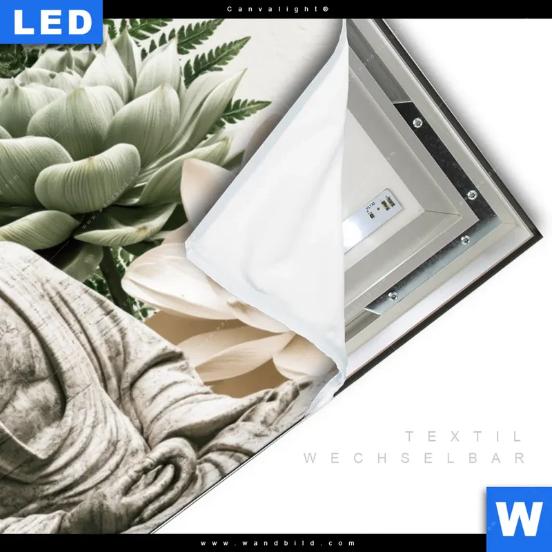 Canvalight® Leuchtbild | Buddha zwischen Lotusblüten | Querformat